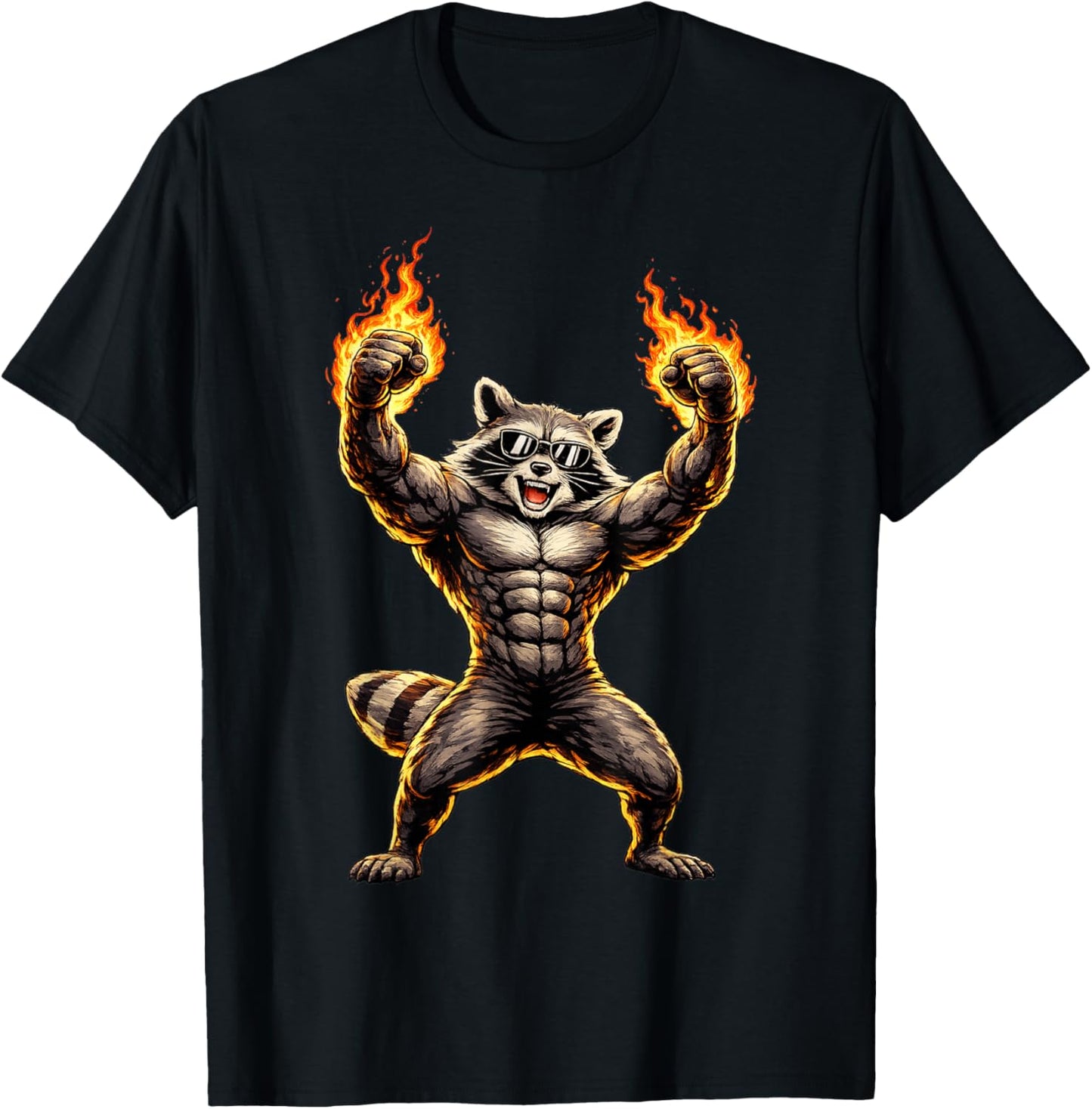 Flaming Muscle Raccoon T-Shirt - T-Shirt | Black