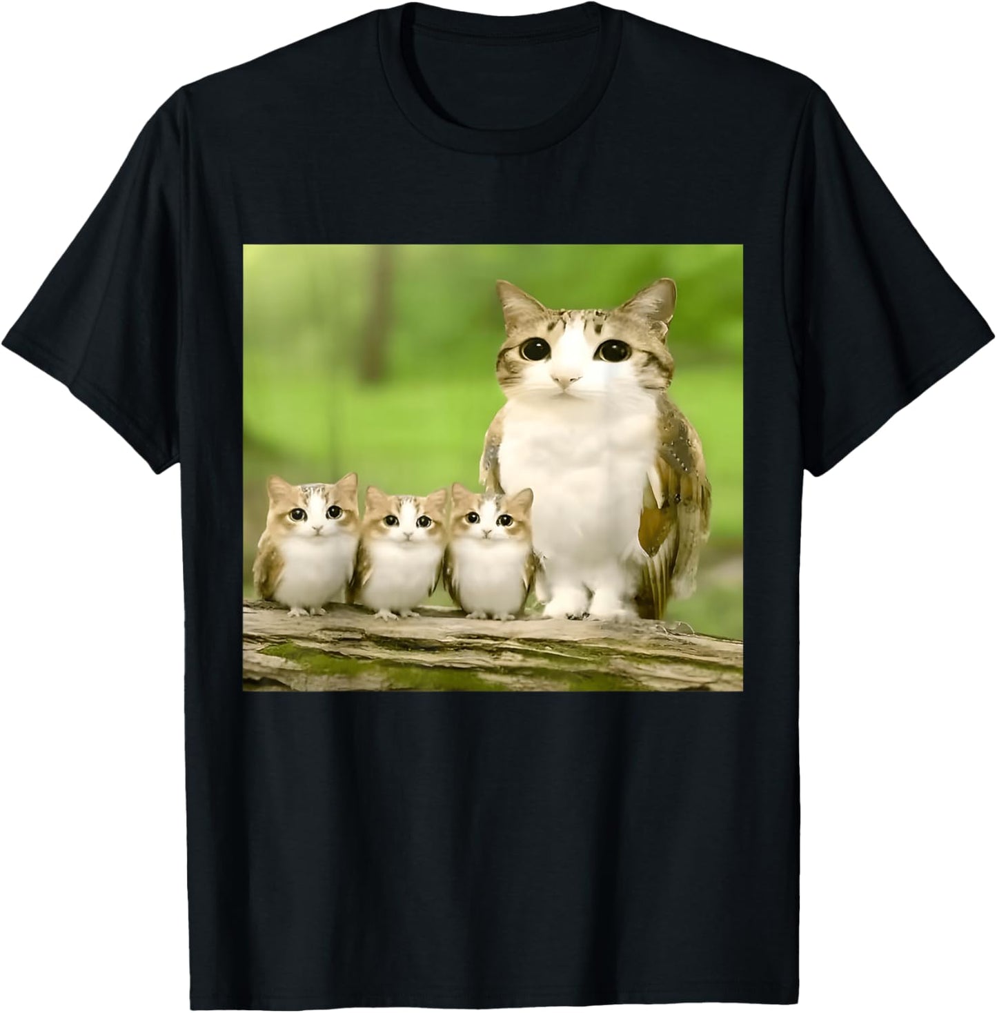 Meowl Mom with Babies meolws Funny cat owl Cute brainrot T-Shirt - T-Shirt | Black