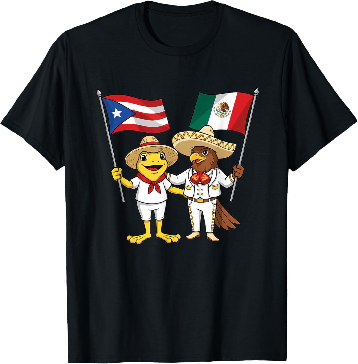 Latino Frog and Eagle Holding Puerto Rico Mexico Flags Cute T-Shirt - T-Shirt | Black