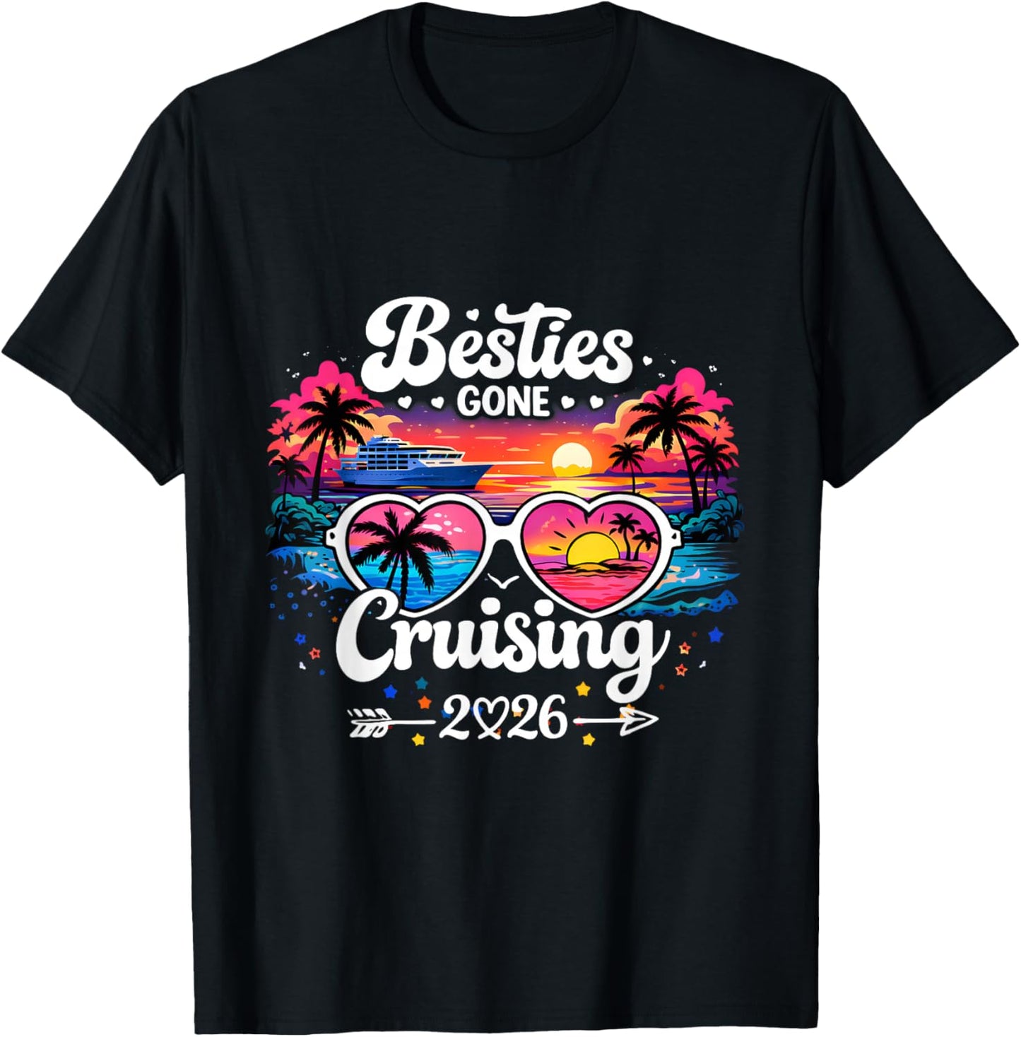 Besties Gone Cruising 2026 Girls Trip Sunset T-Shirt - T-Shirt | Black