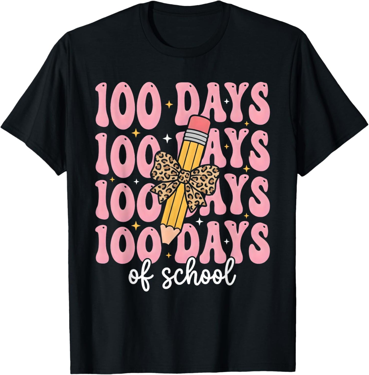 Funny 100 Days School Leopard Bow Pencil Teacher Life Girl T-Shirt - T-Shirt | Black