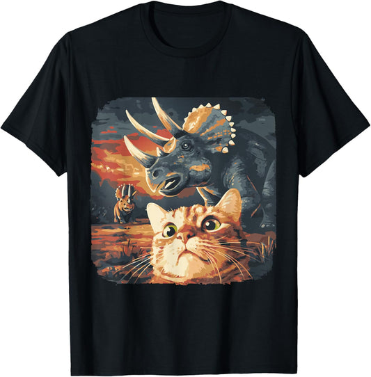 Funny Cat Selfie with Triceratops Dinosaur Jurassic Meme T-Shirt - T-Shirt | Black