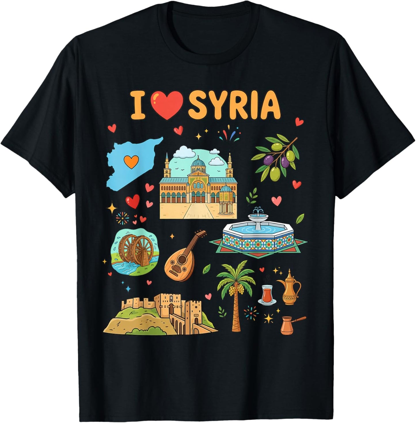 I Love Syria, Cute Cultural Icons Design, Syrian Heritage T-Shirt - T-Shirt | Black