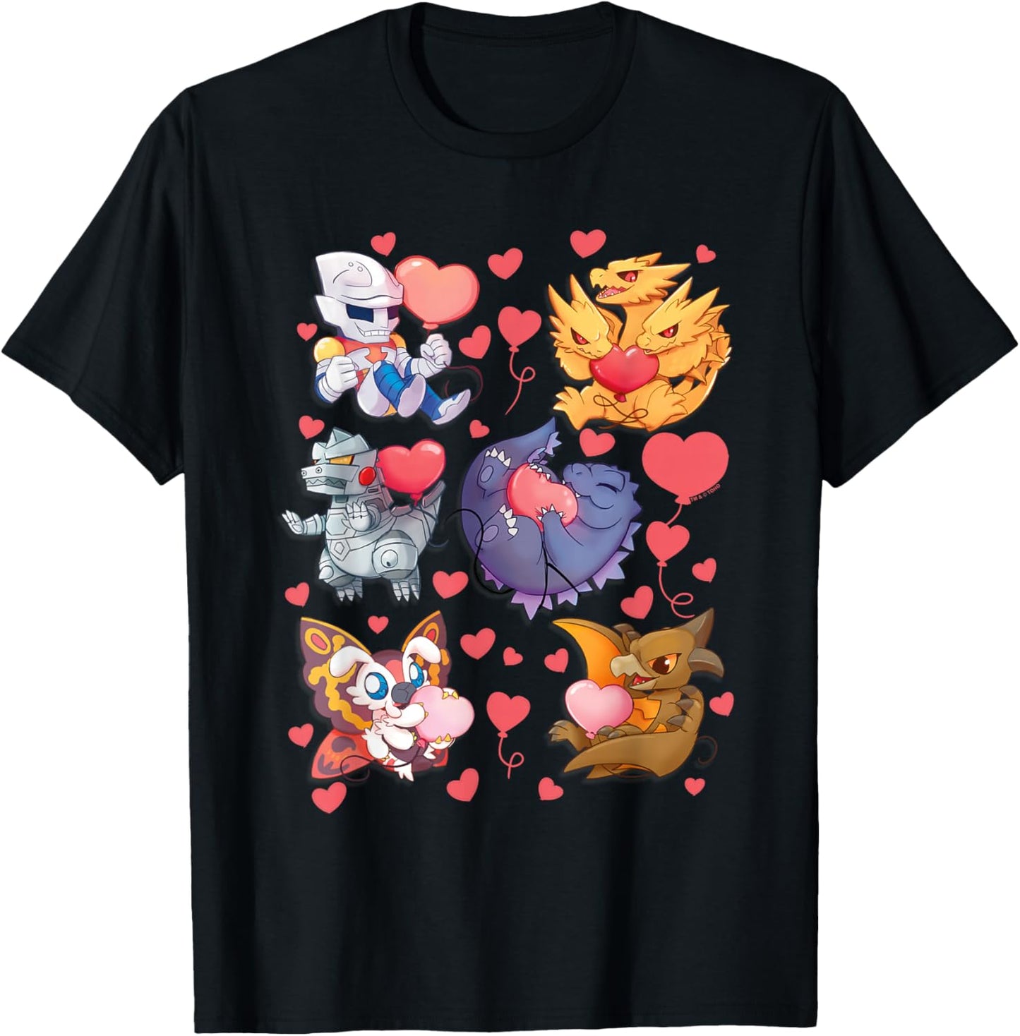 Godzilla Heart Character Collage Valentine's Day Love Kaiju T-Shirt - T-Shirt | Black