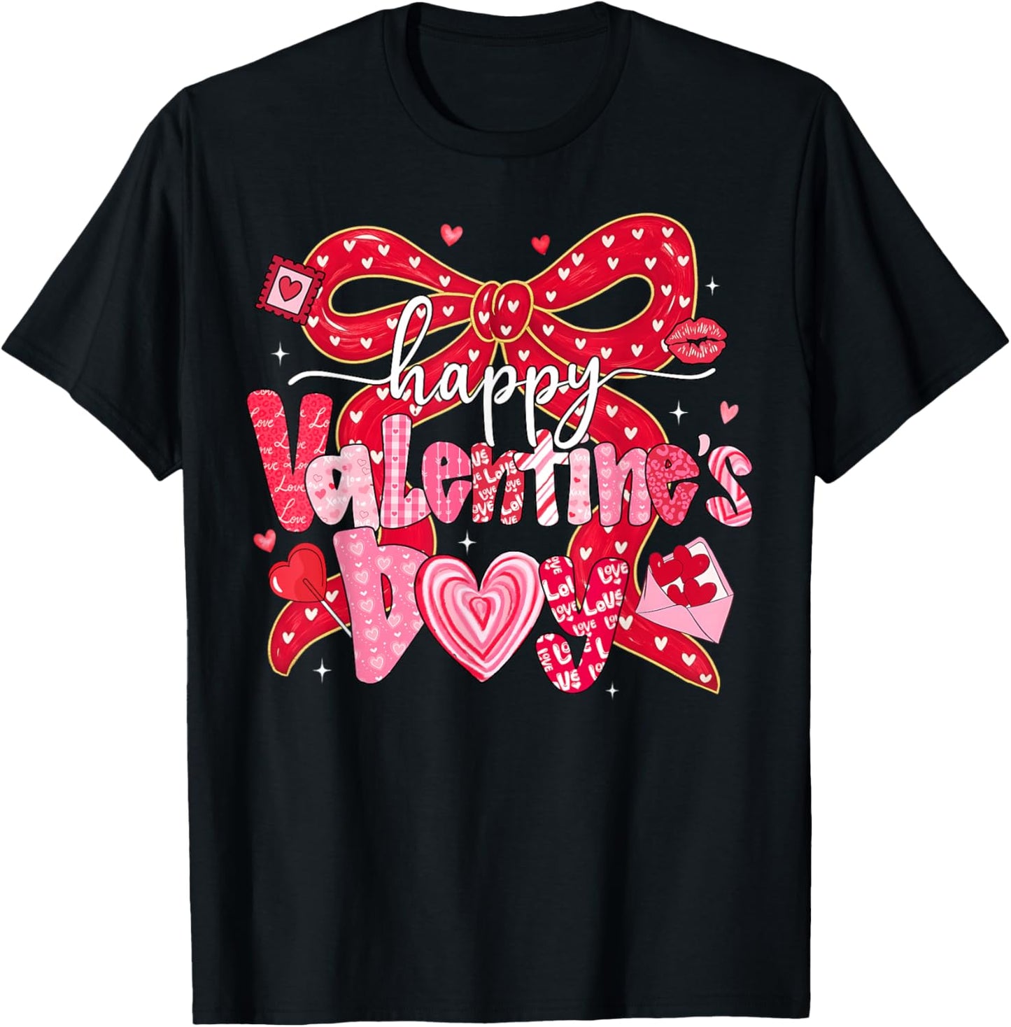 Coquette Bow Happy Valentine Heart Love Girl Women Kid T-Shirt - T-Shirt | Black
