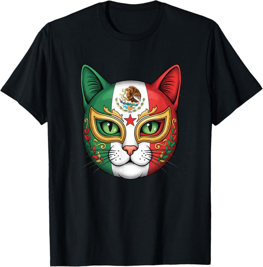 Mexican Lucha Libre Cat Mask Mexico Flag Kitty Mexican Pride T-Shirt - T-Shirt | Black