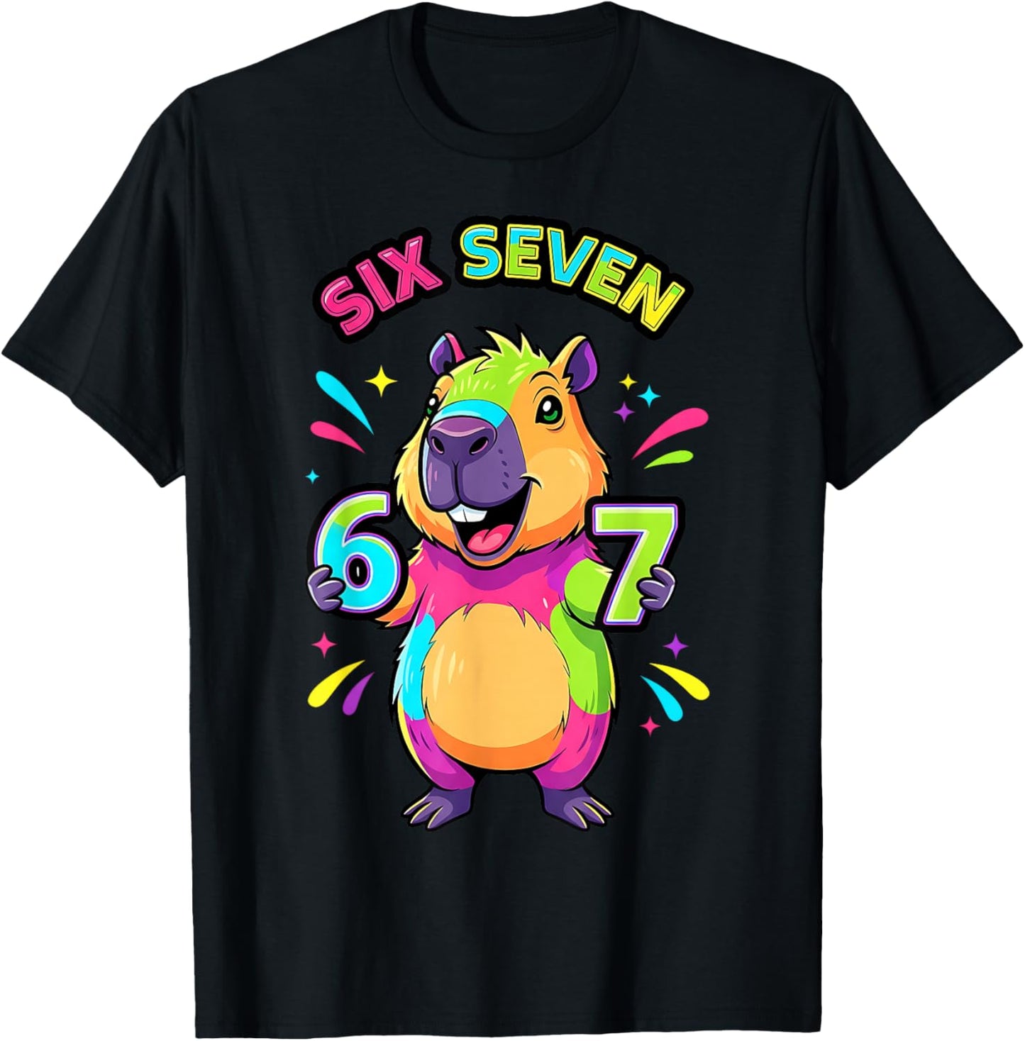 Funny Colorful Capybara Six Seven 67 Cartoon Kids Boys T-Shirt - T-Shirt | Black
