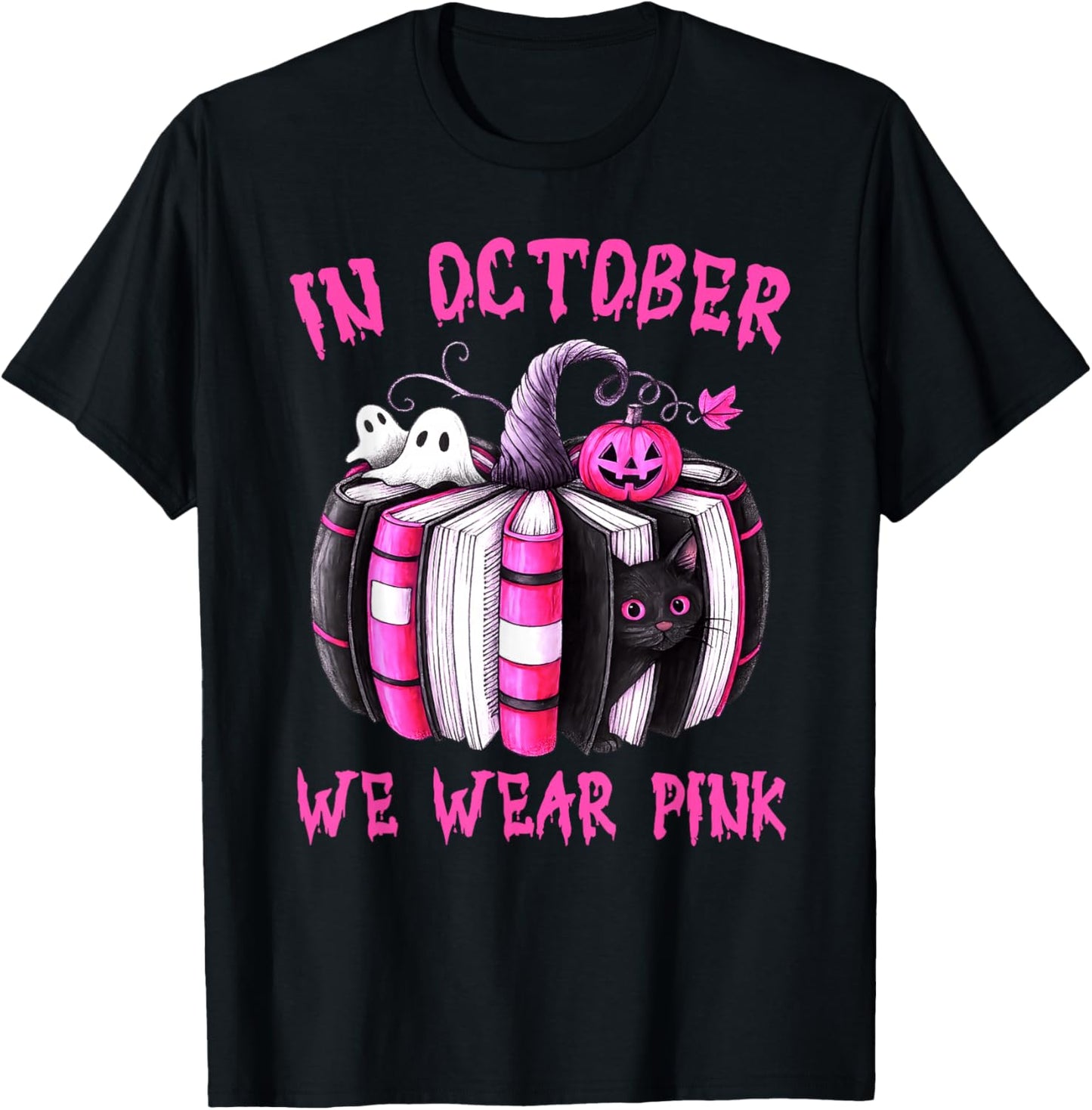 in October We Wear Pink Pumpkin Book Breast Cancer Awareness T-Shirt - T-Shirt | Black