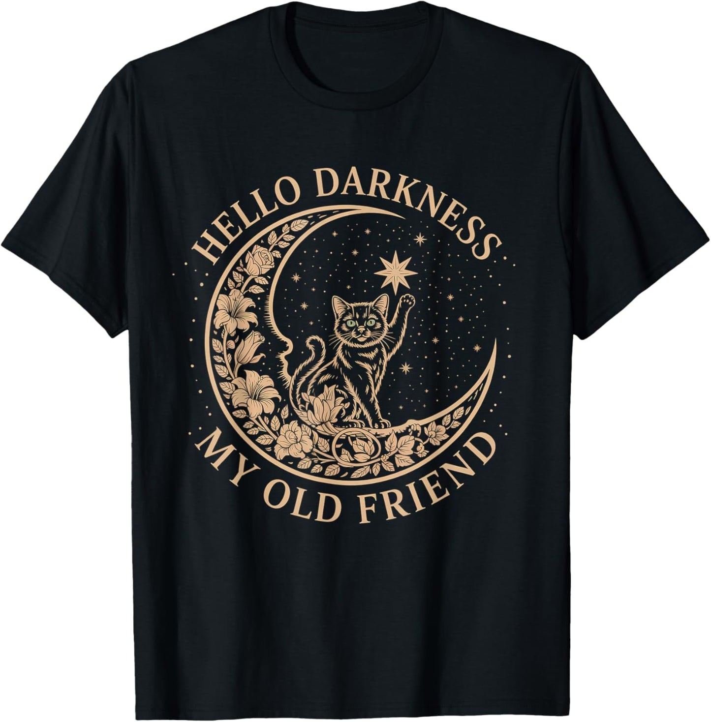 Hello Darkness My Old Friend Cat Moon Halloween Design T-Shirt - T-Shirt | Black