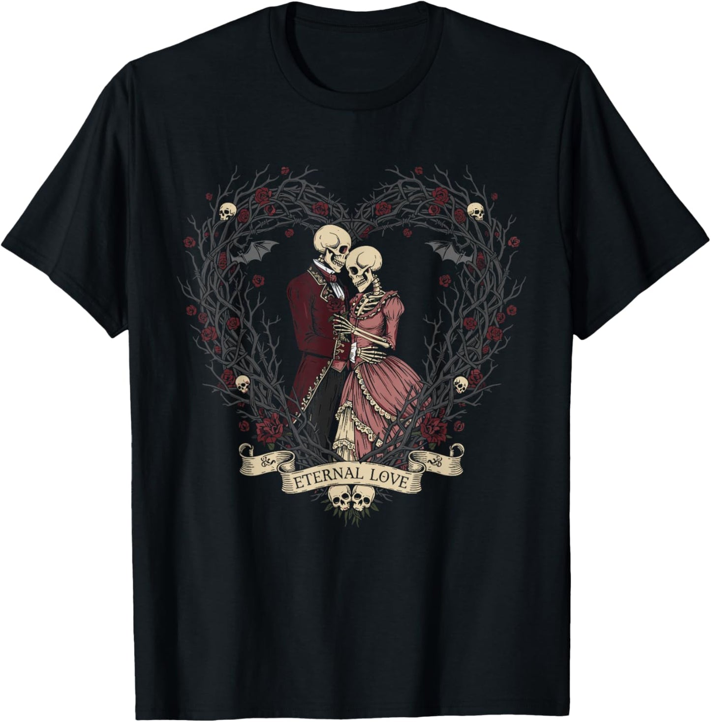 Victorian Gothic Skeleton Thorn Heart Couple Anti Valentine T-Shirt - T-Shirt | Black