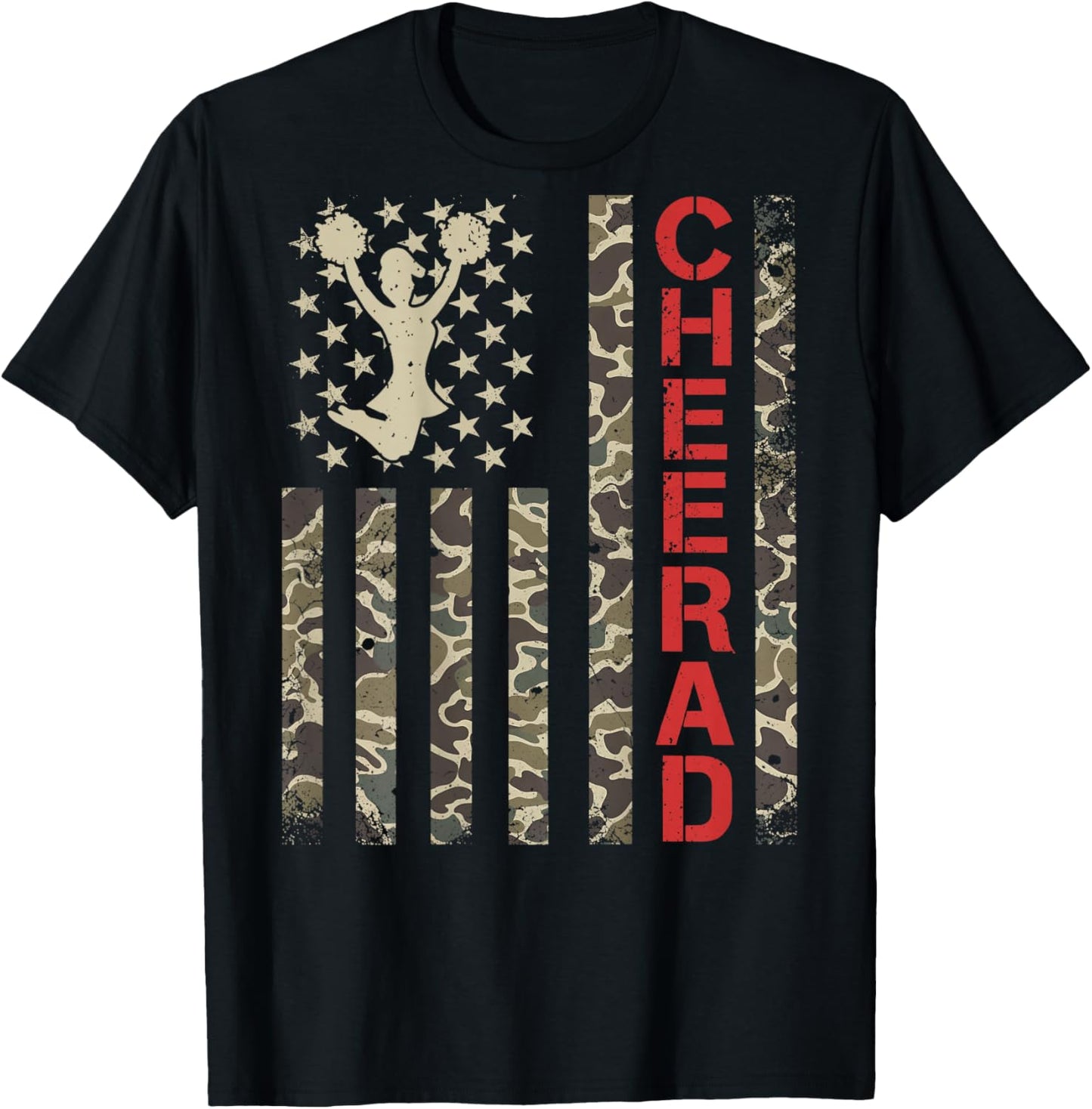 (ON Back) Cheer Dad Camo US Flag Father's Day Cheerleader T-Shirt - T-Shirt | Black
