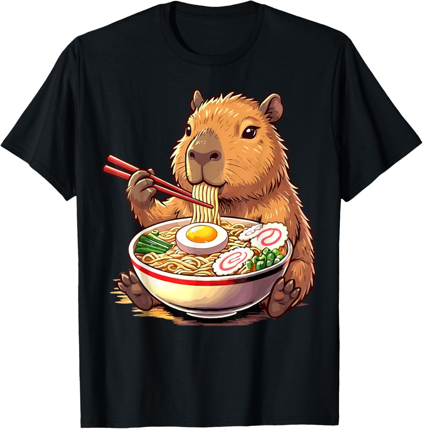 Cute Capybara Eating Ramen T-Shirt - T-Shirt | Black