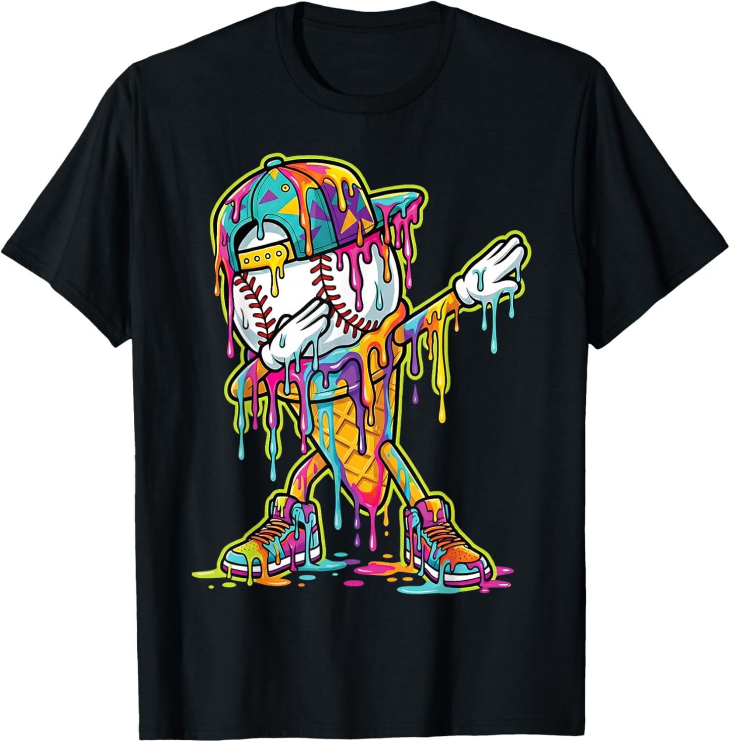 Baseball Ice Cream Dripping Dabbing Baseball Drip T-Shirt - T-Shirt | Black