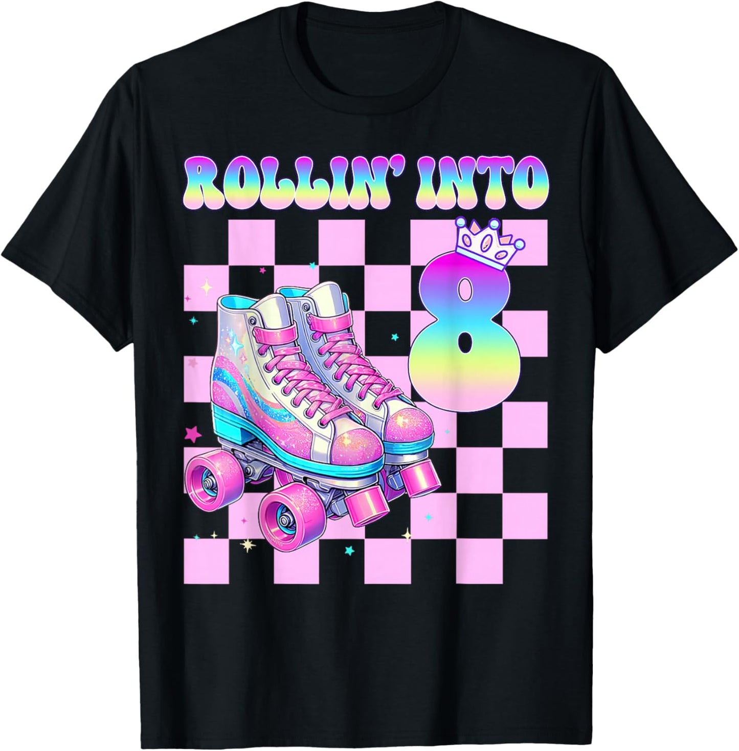 8th Birthday Girl Rolling Skates 8 Year Old Roller Skater T-Shirt - T-Shirt | Black