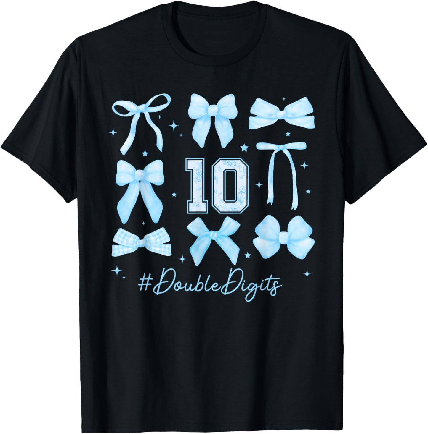 Double Digits Birthday Girl 10th Birthday Coquette Blue Bow T-Shirt - T-Shirt | Black