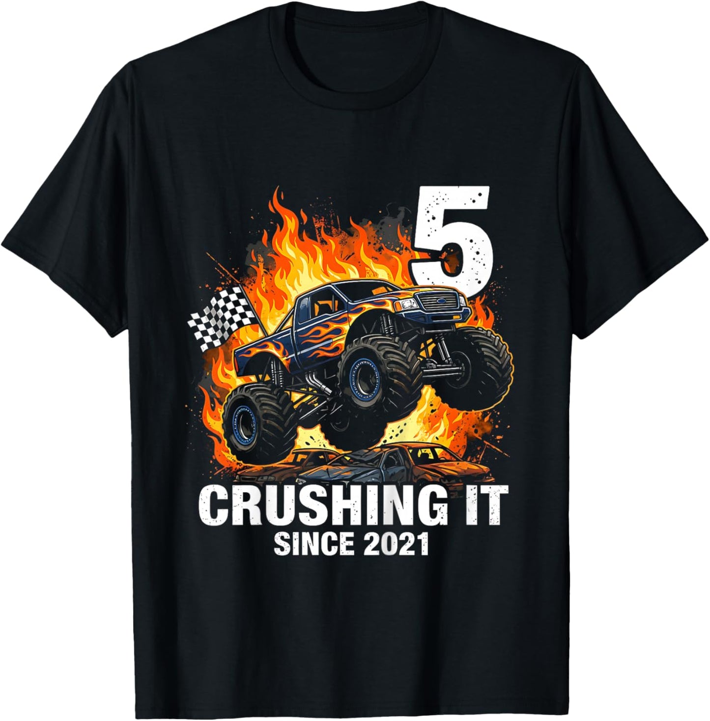 Kids 5th Birthday Truck Turning 5 Years Old Boy Born in 2021 T-Shirt - T-Shirt | Black