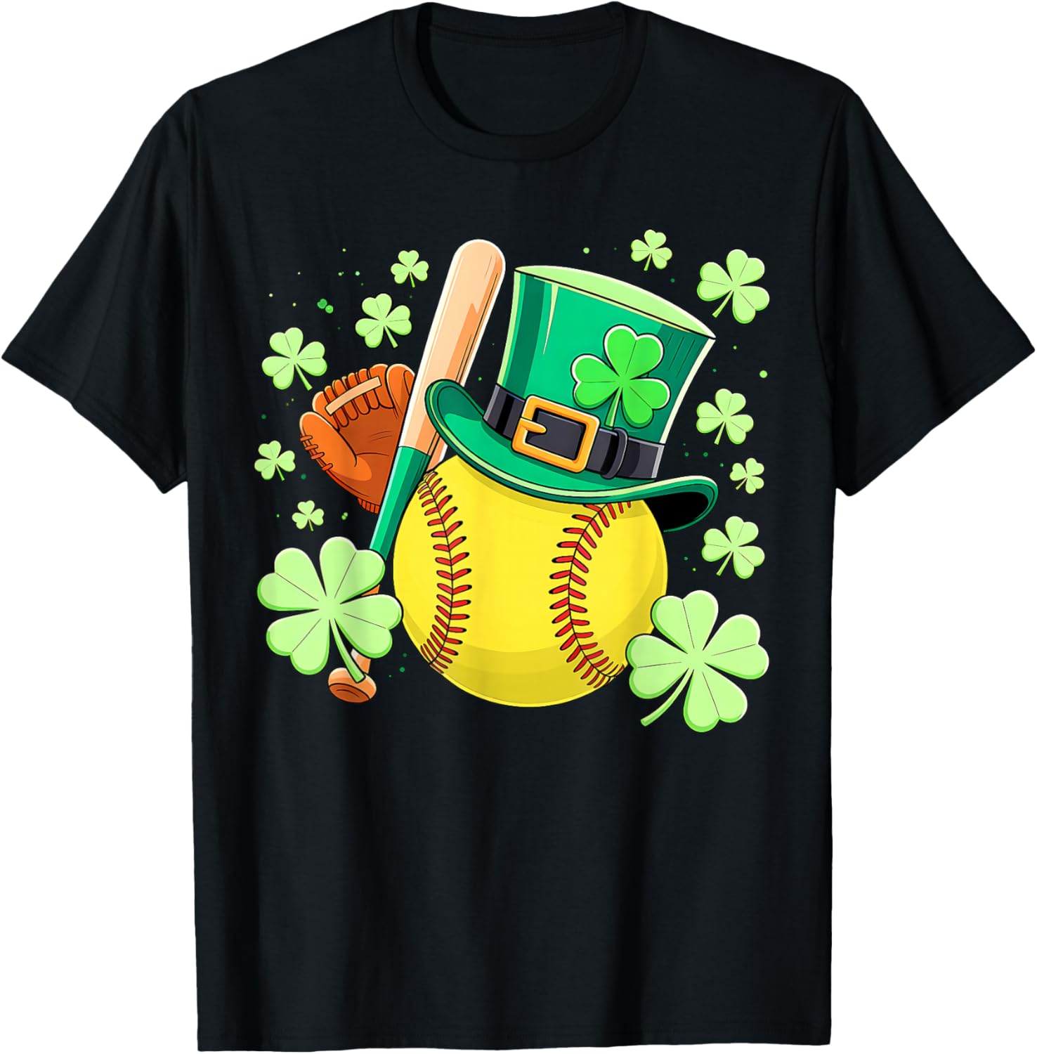 Softball St Patricks Day Lucky Softball Player Shamrock T-Shirt - T-Shirt | Black