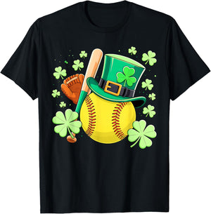Softball St Patricks Day Lucky Softball Player Shamrock T-Shirt - T-Shirt | Black