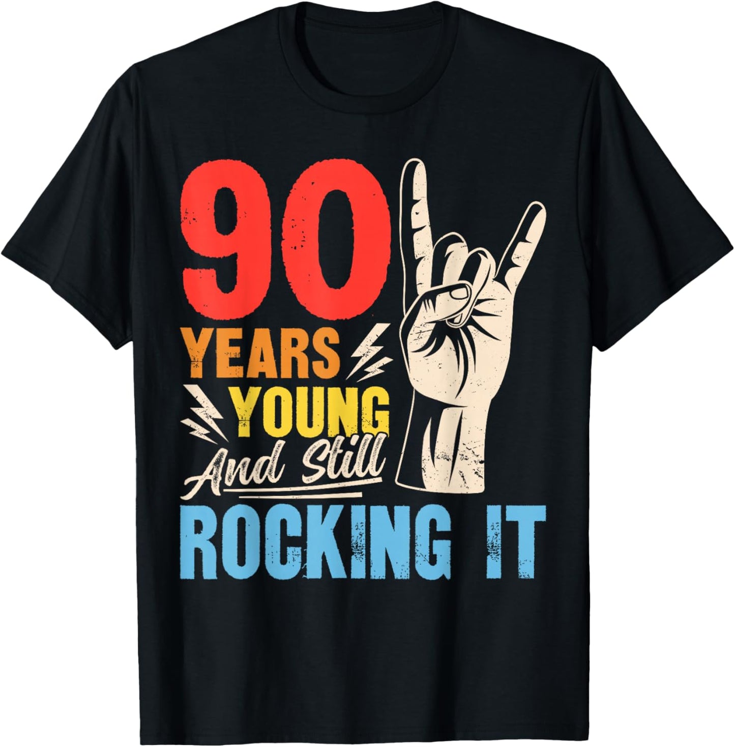 90 Years Young and Still Rocking It Vintage 90th Birthday T-Shirt - T-Shirt | Black