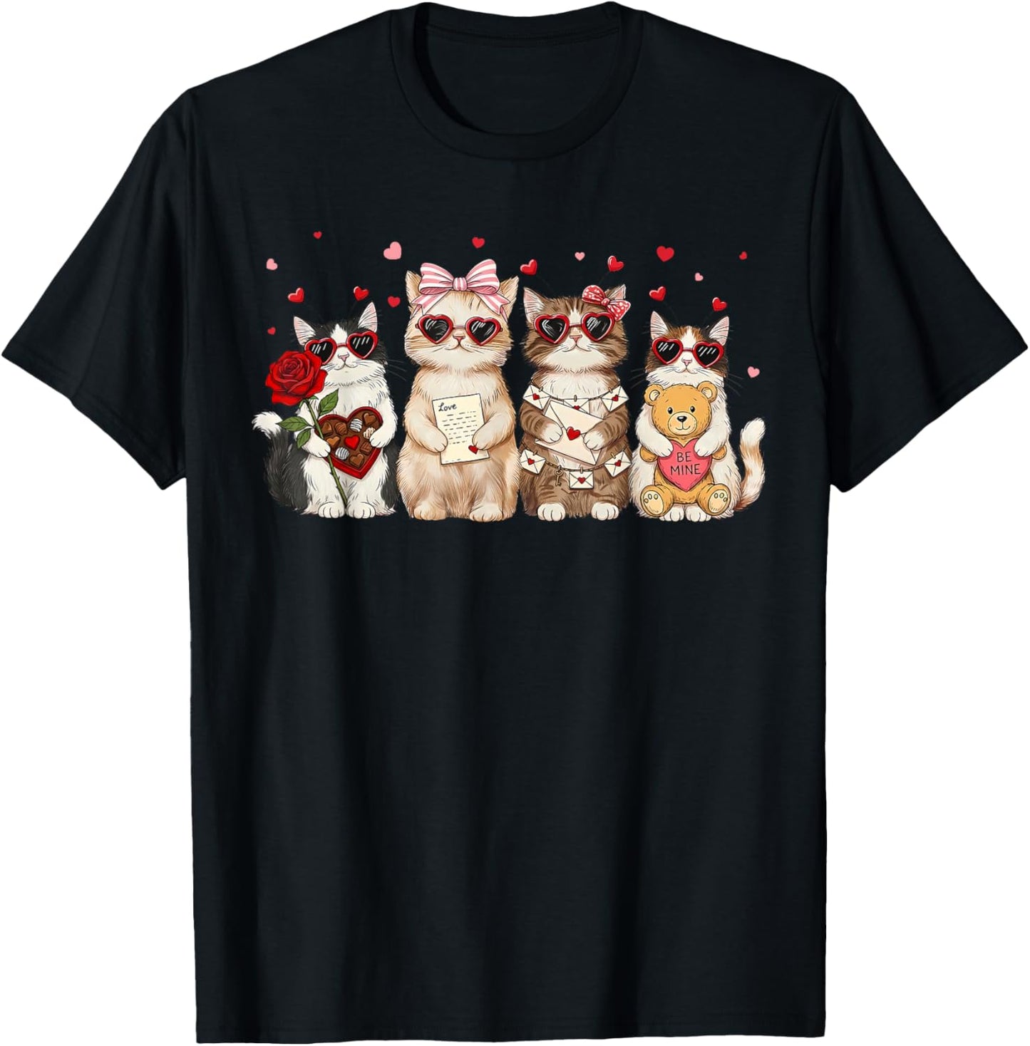 Happy Meowentines Cute Cupid Cat Heart Glasses Coquette Bow T-Shirt - T-Shirt | Black