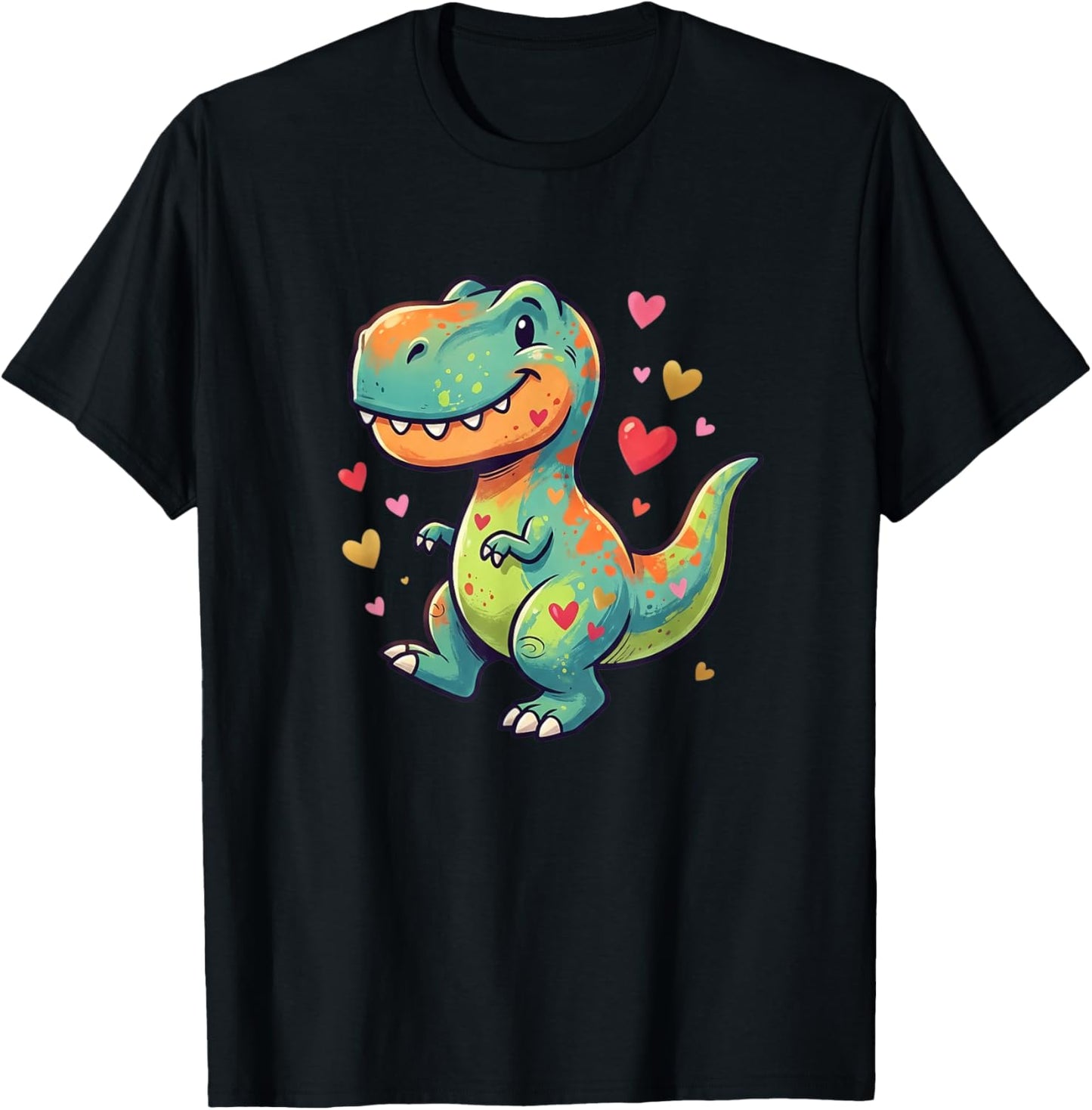 Valentines Cute T Rex Dinosaur with Hearts T-Shirt - T-Shirt | Black