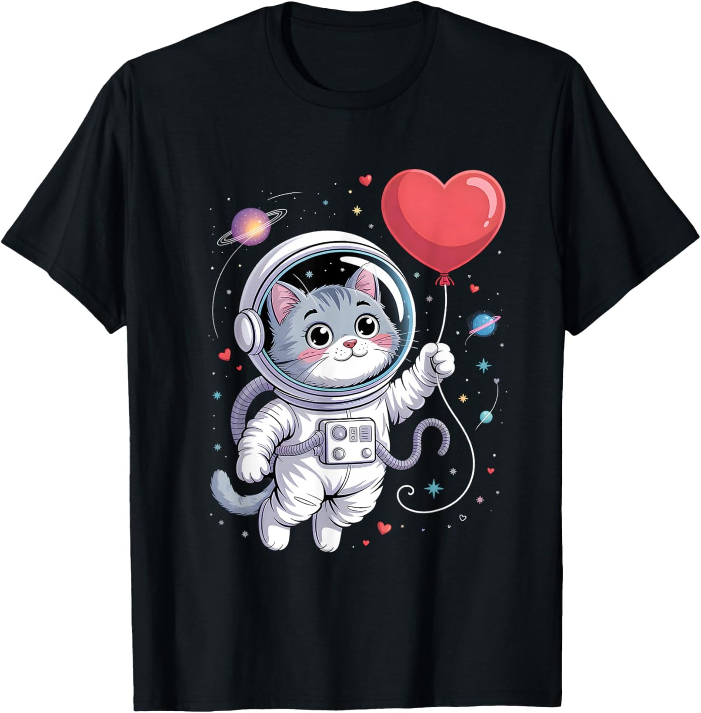 Cute Astronaut Cat Valentine Galaxy Romance Space Style Love T-Shirt - T-Shirt | Black