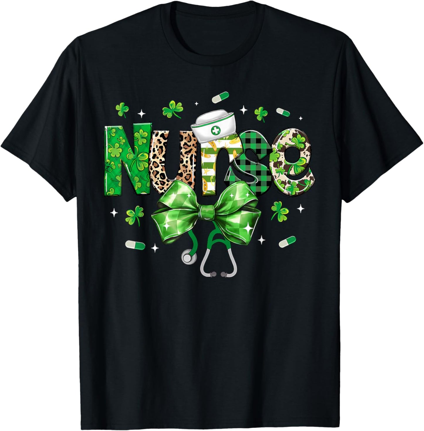 St Patricks Day Nurse Coquette Stethoscope Bow Shamrock T-Shirt - T-Shirt | Black