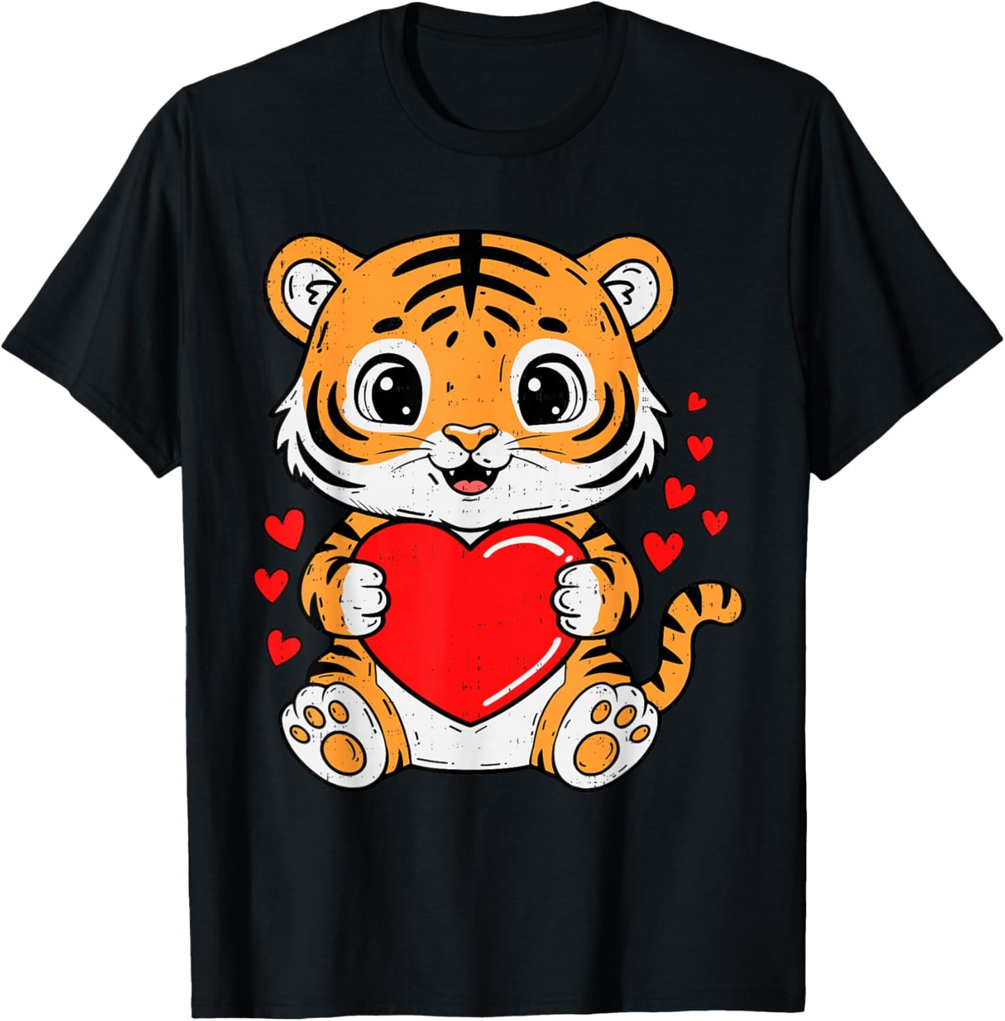 Cute Tiger Holding Heart Kawaii Valentines Day Men Women Kid T-Shirt - T-Shirt | Black