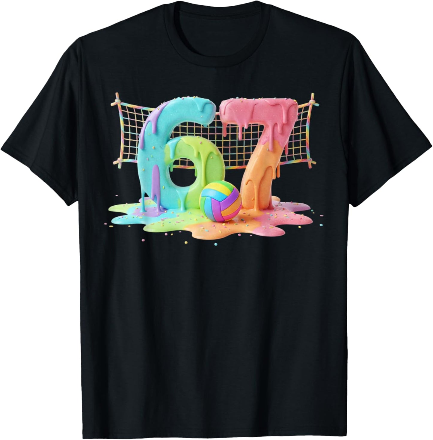 Kids Meme 67 Six 6 Seven 7 Icecream Drip Volleyball Net Shoe T-Shirt - T-Shirt | Black