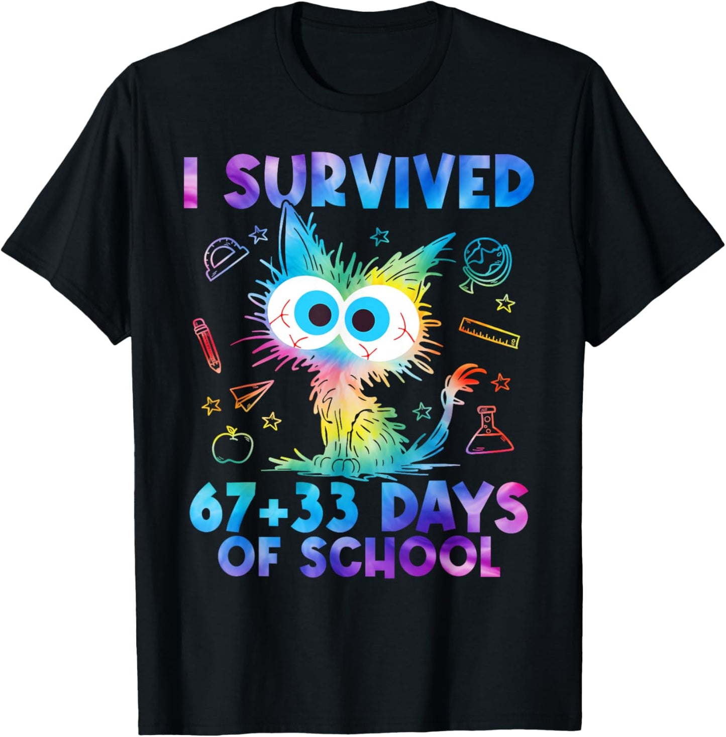 I Survived 67+33 Days of School Funny Cat 100th Day Teacher T-Shirt - T-Shirt | Black