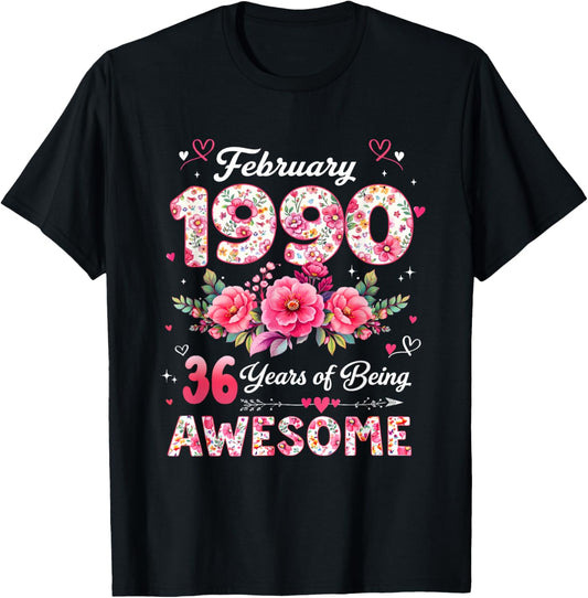 36 Year Old February 1990 Floral 36th Birthday Men Women T-Shirt - T-Shirt | Black