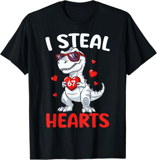 I Steal 67 Hearts Valentine’s Day Six Seven Meme T-Rex Boys T-Shirt - T-Shirt | Black