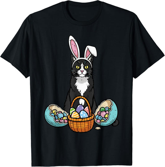 Easter Tuxedo Cat Bunny Ears Eggs Kitten Women Girls Kids T-Shirt - T-Shirt | Black
