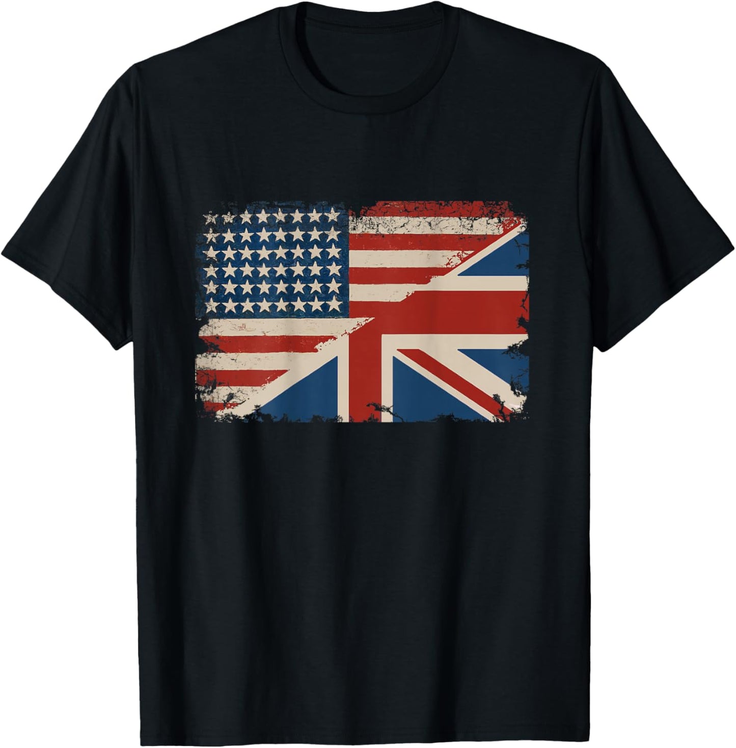 British American Flag Print on Back Great Britain Union Jack T-Shirt - T-Shirt | Black
