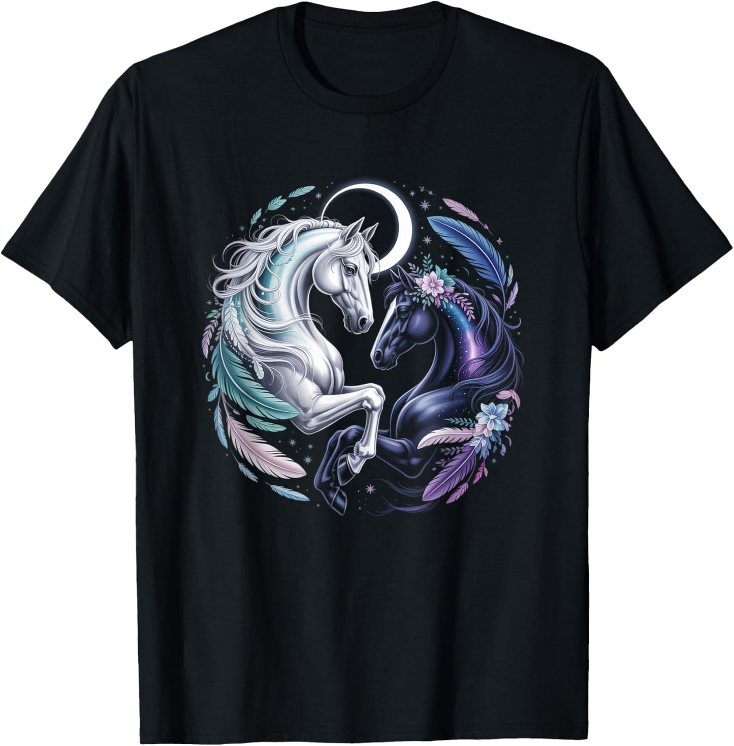 Celestial Horses Moonlight Harmony Fantasy Art T-Shirt - T-Shirt | Black