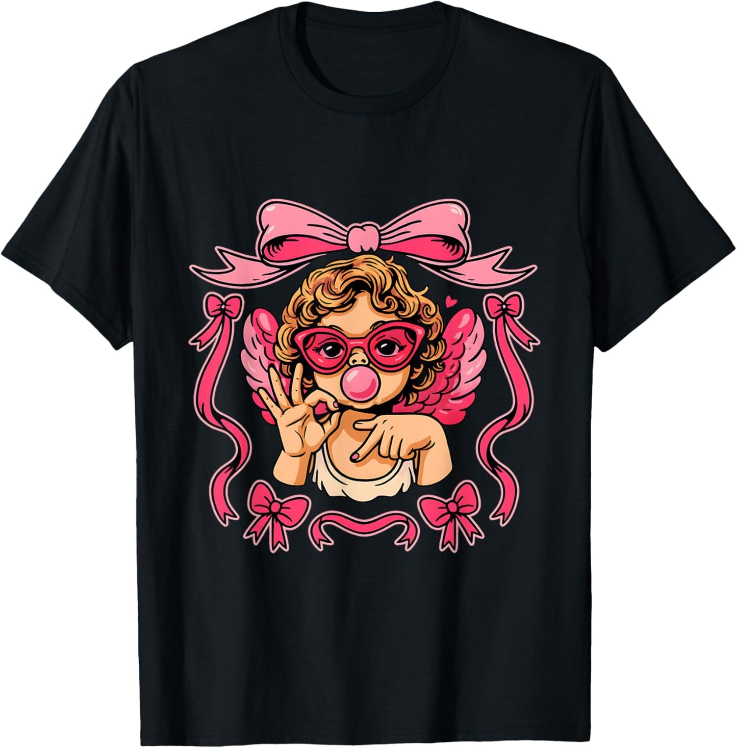 Retro 67 Cupid Angel Bubblegum Pink Aesthetic Valentine T-Shirt - T-Shirt | Black