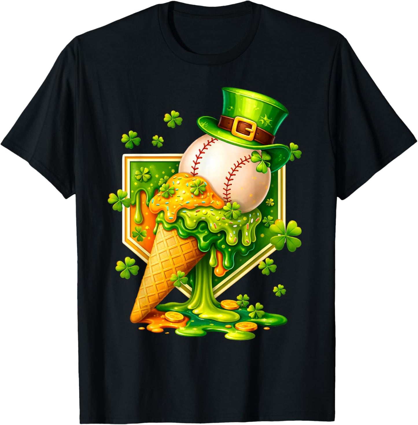 Drip Ice Cream St Patricks Day Baseball Shamrock Kids Boys T-Shirt - T-Shirt | Black
