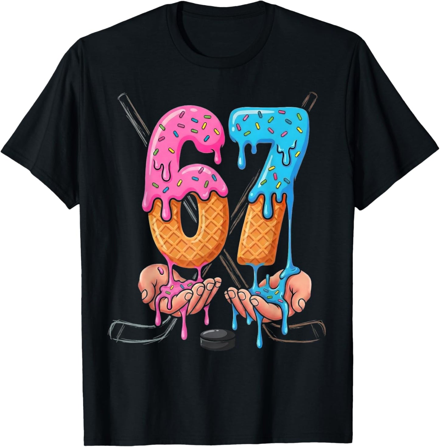 Hockey Ice Cream Drip 67 Hands Stakes Boys Sports Game Day T-Shirt - T-Shirt | Black