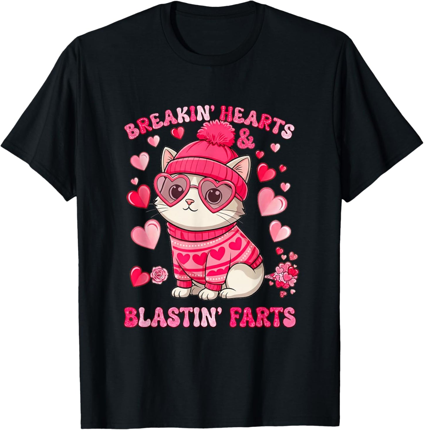 Funny Cat Breaking Hearts Blasting Farts Valentines Day T-Shirt - T-Shirt | Black