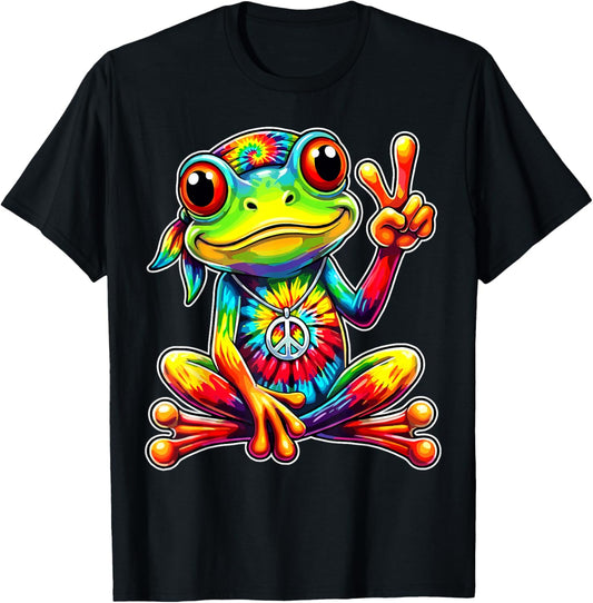 Tie Dye Frog Peace Sign Hippie T-Shirt - T-Shirt | Black