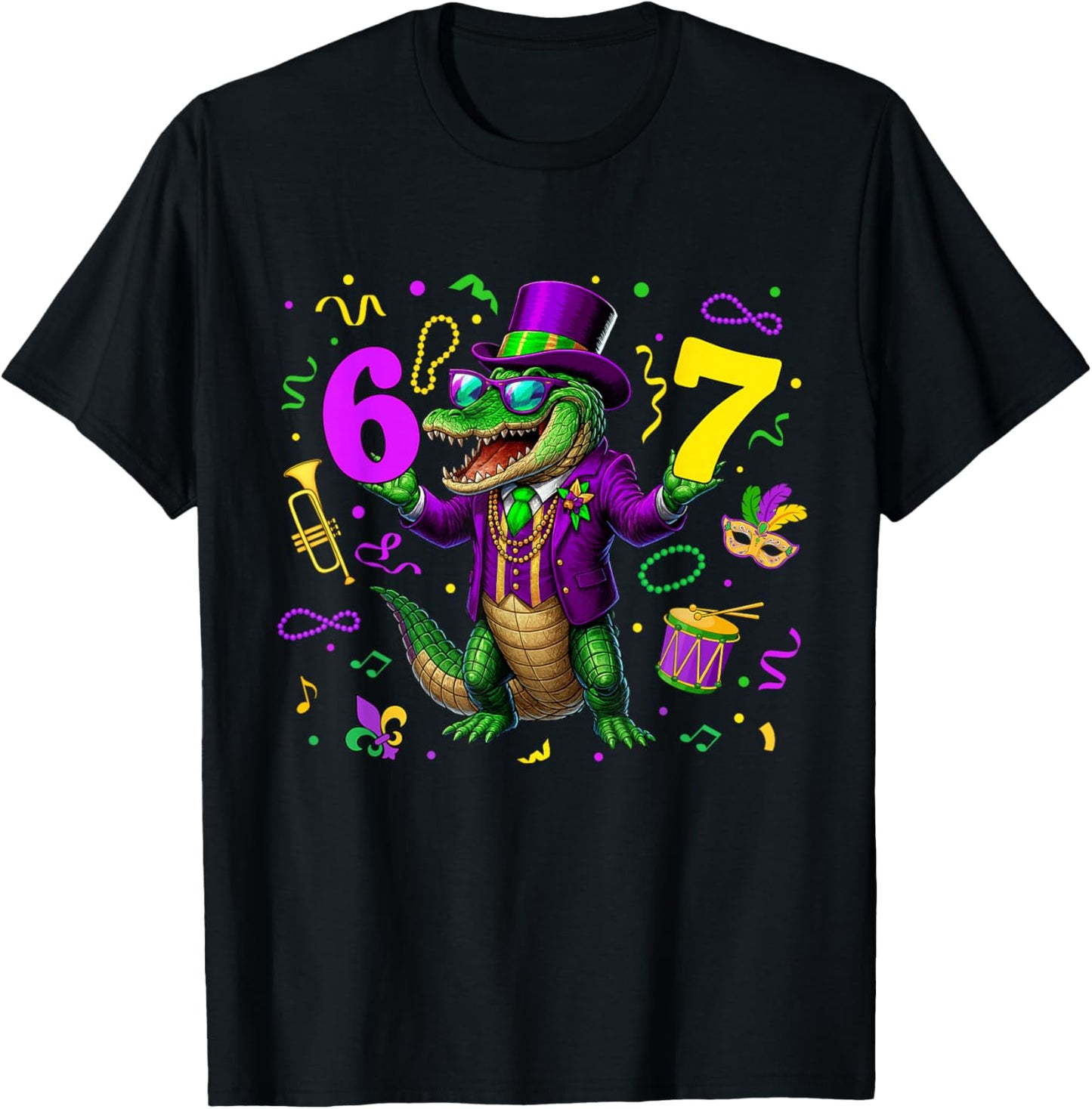 Alligator Six Seven Bruh 6 7 Meme Mardi Gras Carnival Kids T-Shirt - T-Shirt | Black