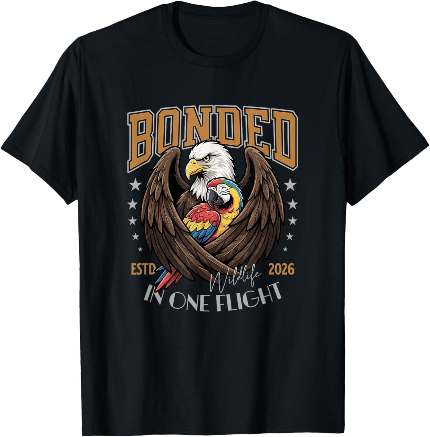 Bonded in One Flight, Wildlife Birds Eagle and Macaw. T-Shirt - T-Shirt | Black