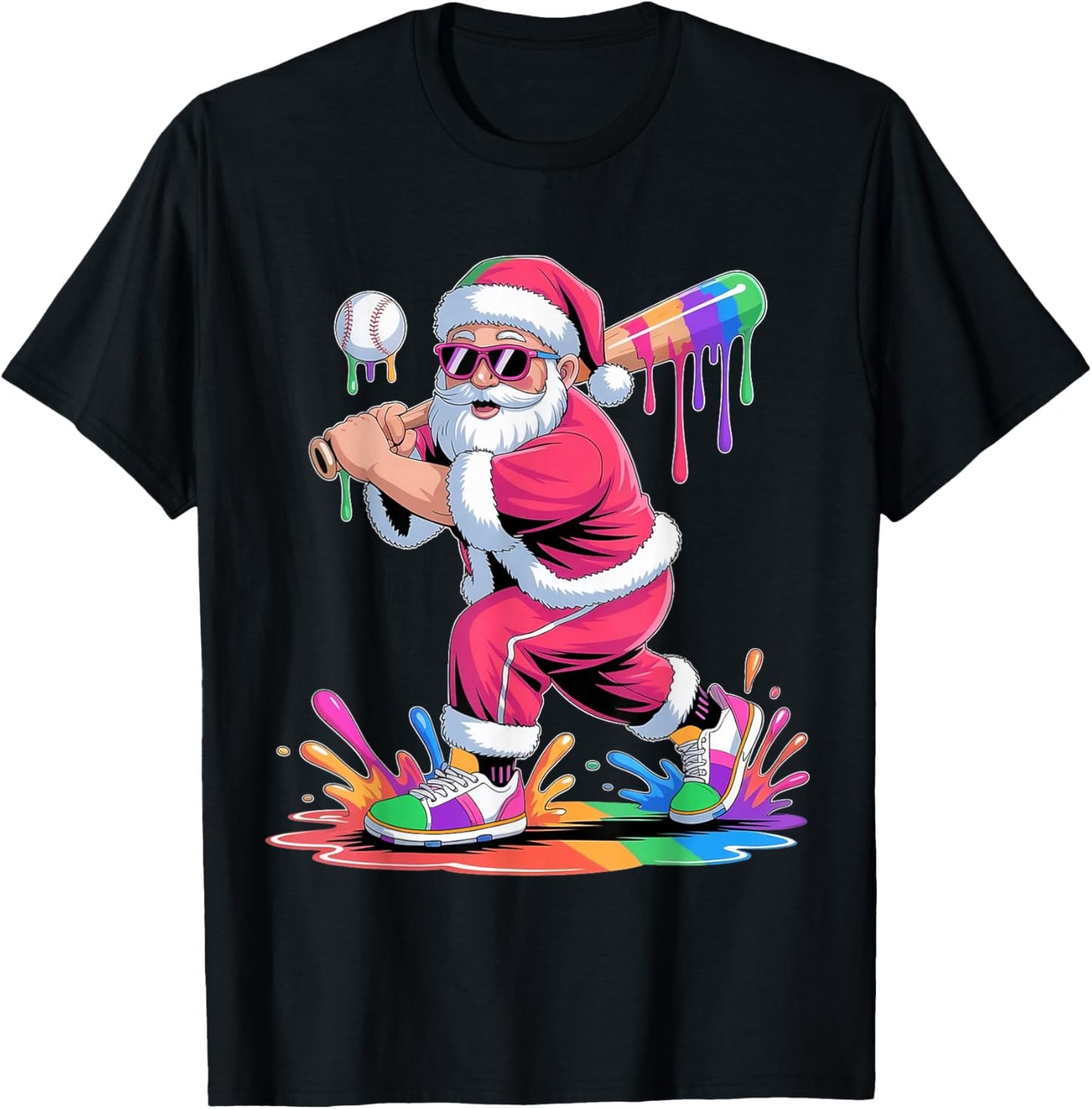 Santa Playing Baseball Ice Cream Dripping Christmas Baseball T-Shirt - T-Shirt | Black