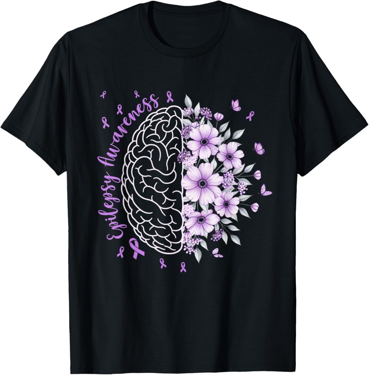Epilepsy Awareness Floral Brain Purple Ribbon Warrior Women T-Shirt - T-Shirt | Black