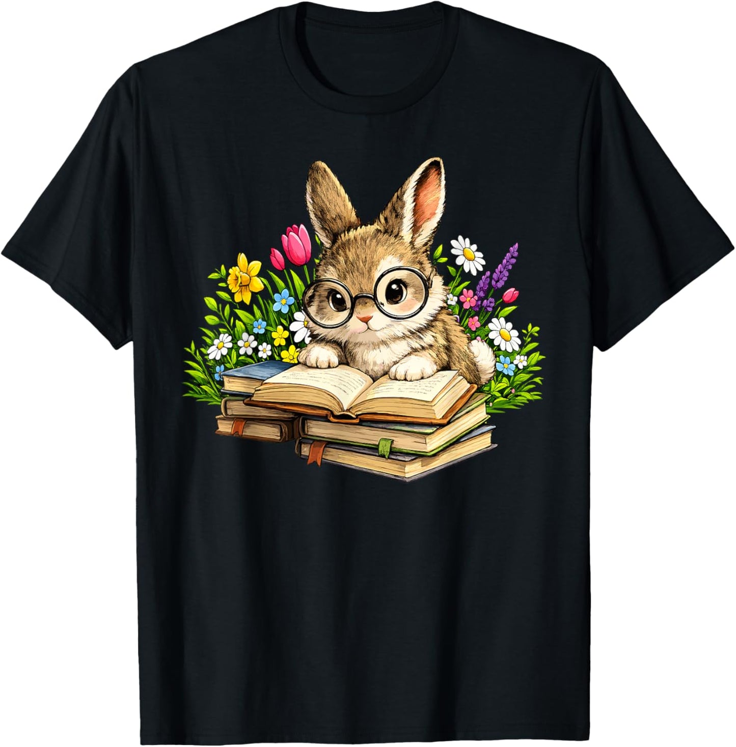 Cute Reading Bunny Easter Books Bookworm Reader Teacher T-Shirt - T-Shirt | Black