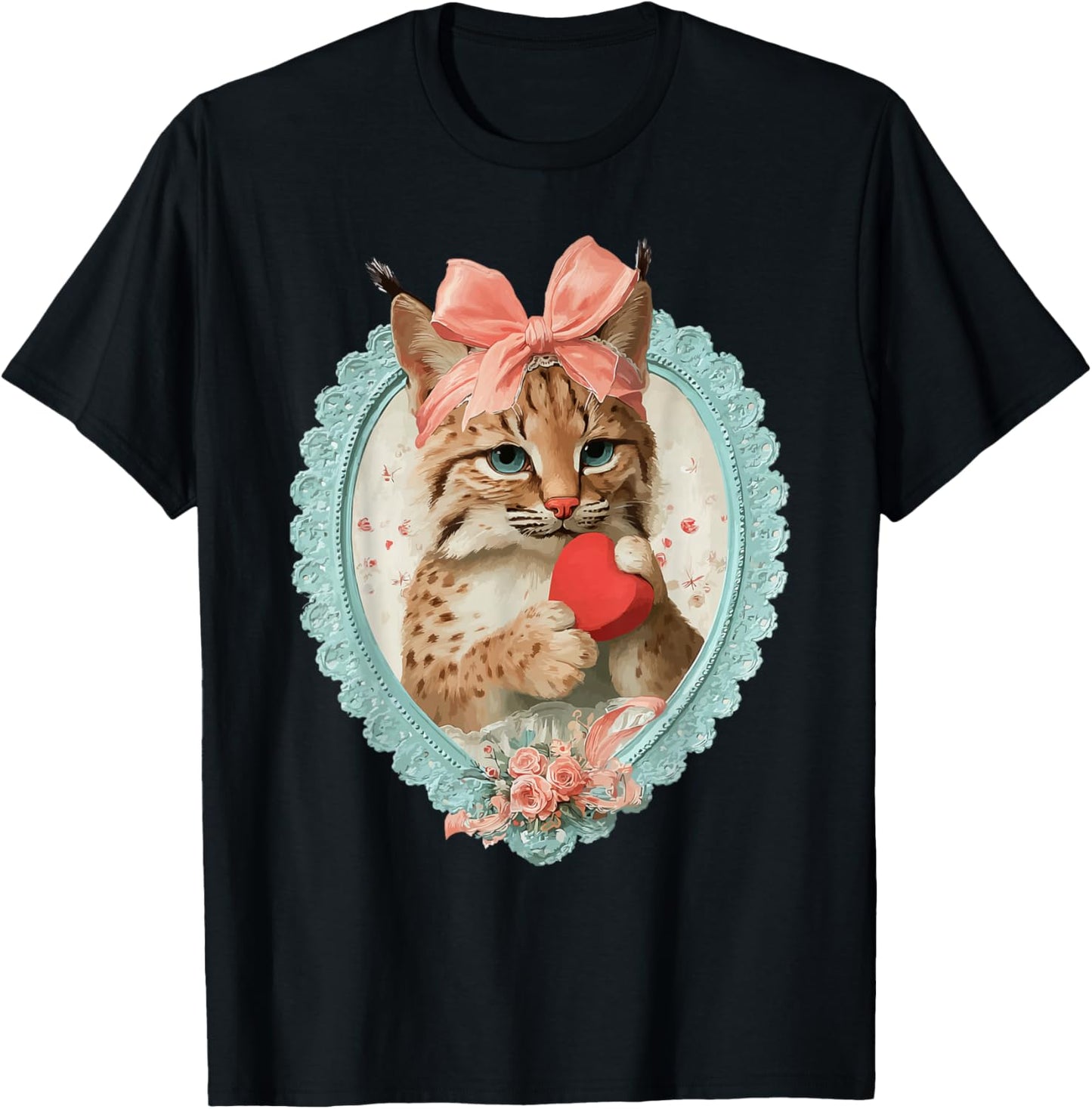 Vintage Valentine Bobcat with Heart Romantic Animal Coquette T-Shirt - T-Shirt | Black