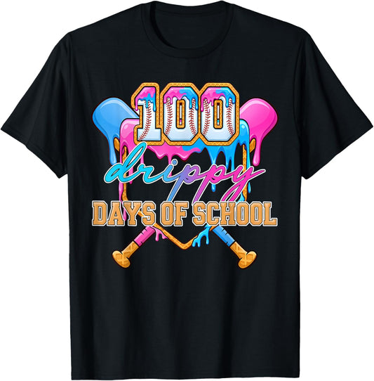 100 Drippy Days of School Baseball Ice Cream Drip Boys Kids T-Shirt - T-Shirt | Black