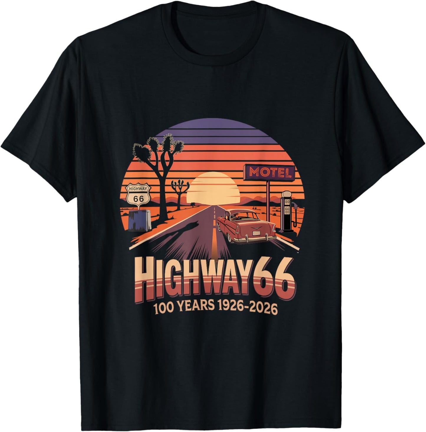 Highway 66 100 Years 1926-2026 Classic Car Lover Anniversary T-Shirt - T-Shirt | Black