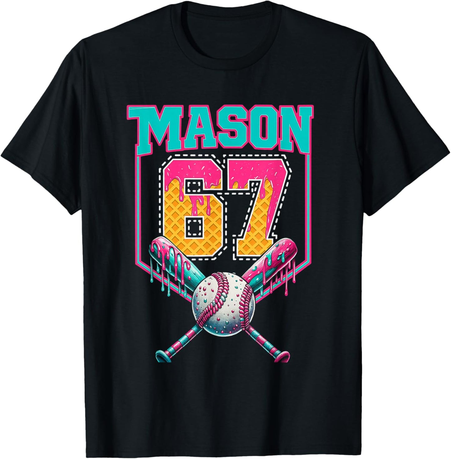 Trendy Mason 67 Mem Ice Cream Drip Baseball Birthday Costume T-Shirt - T-Shirt | Black