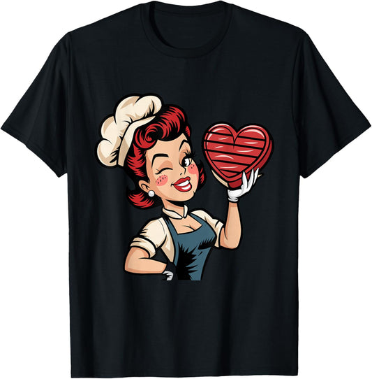 Valentines Retro Pinup Holding Heart T-Shirt - T-Shirt | Black
